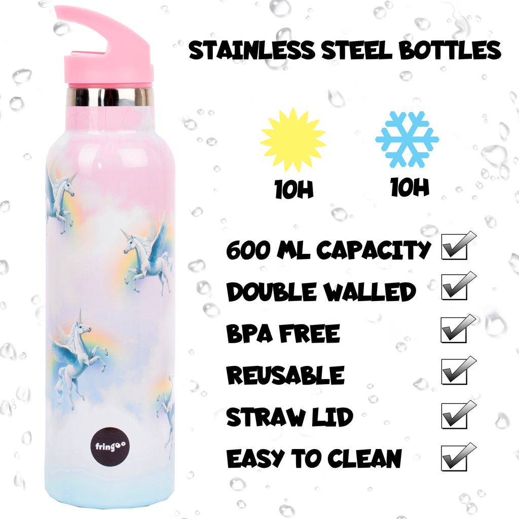 Kids Water Bottle with Straw 600ml Childrens Boys Girls Reusable