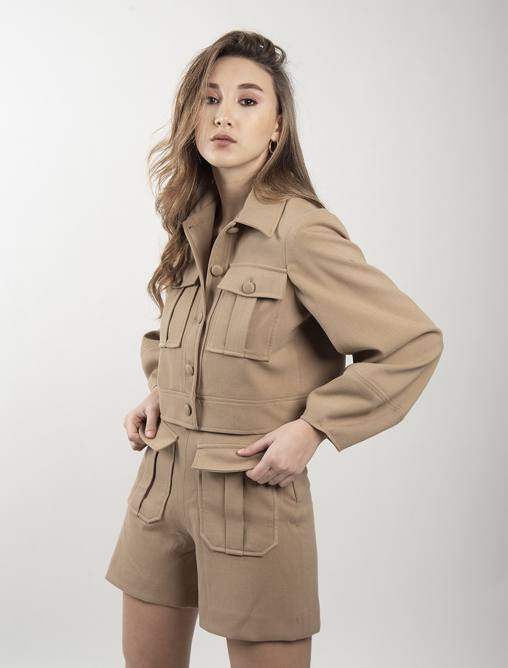 Cropped Camel Jacket with Front Pockets Jackets Wear Zed