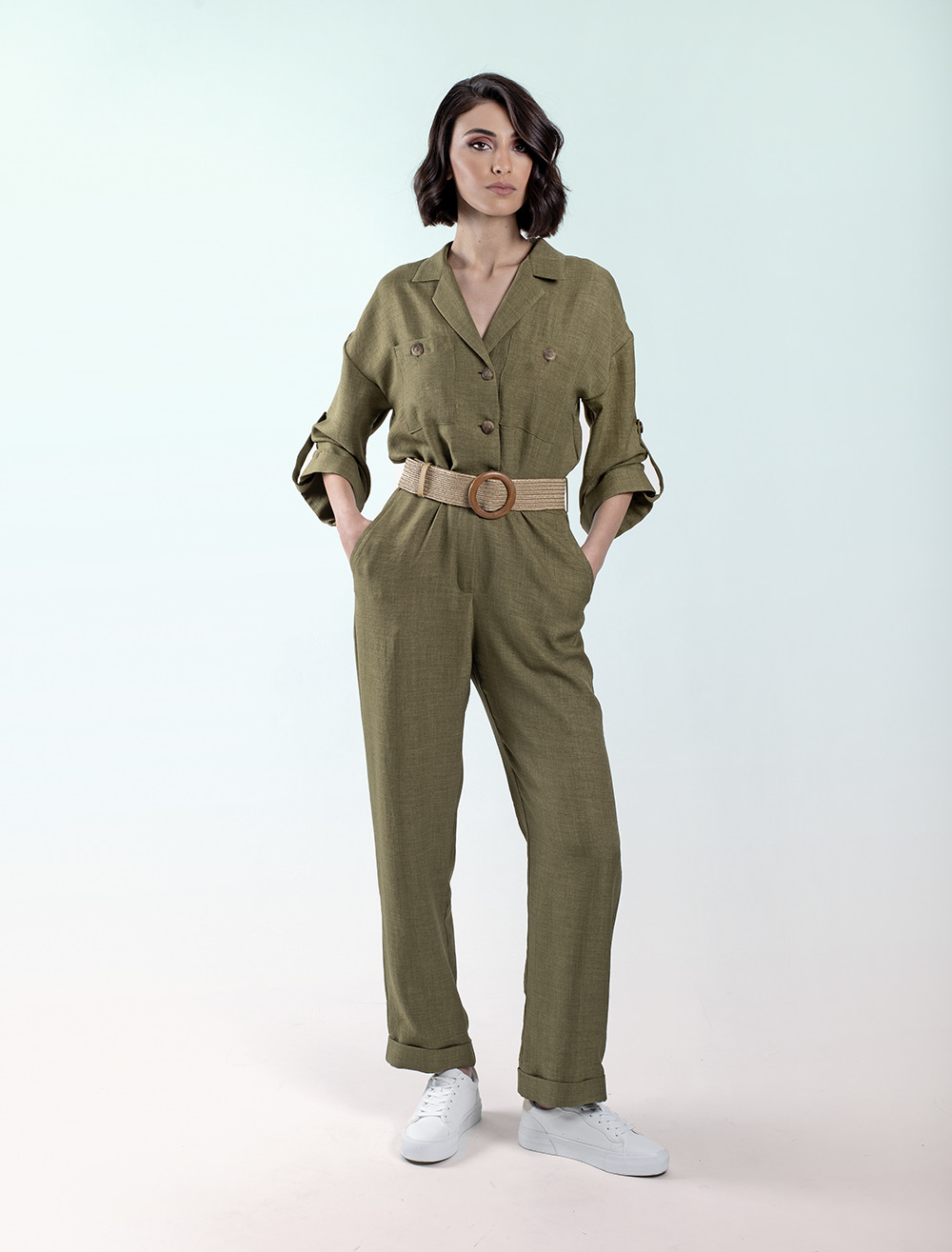 Belted Linen Jumpsuit in Olive Green - Jumpsuit - Wear Zed