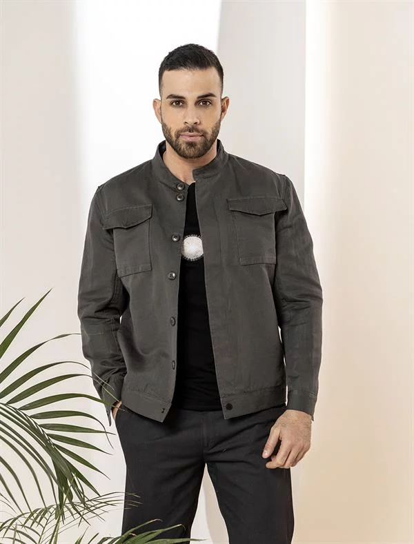 新品タグ付✨ウティ Veste Cize リネンジャケット ノーカラーシャツ 緑 セール】 【洗える／UVケア／接触冷感／SETUP可能】千鳥柄ノー